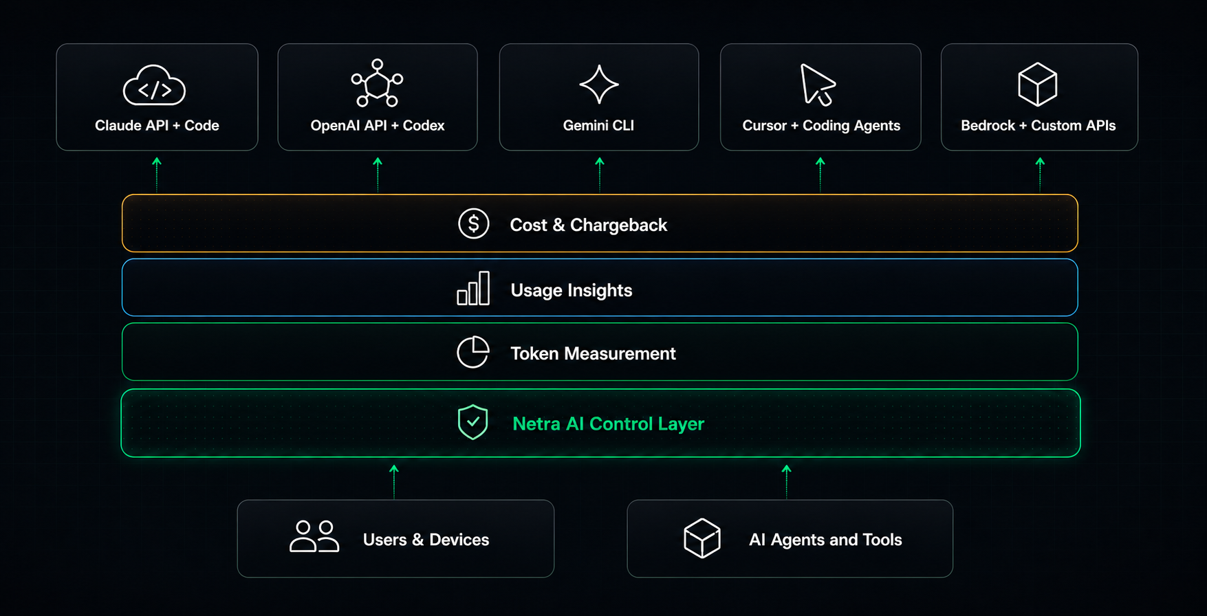 Netra Token Governance architecture showing token measurement, usage insights, cost chargeback, and the Netra AI control layer